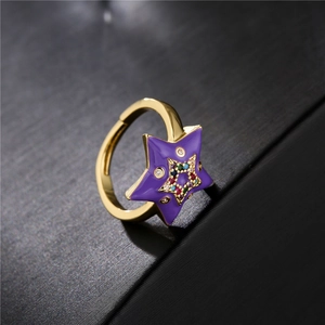 18K gold plated open star ring with purple enamel and multi-colored cubic zirconia
