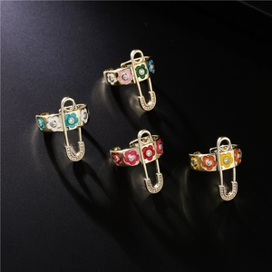 Fashion Copper Enamel Flower Rhinestone Open Ring For Women Personalized Safety Pin Geometric Adjustable Finger Ring Jewelry Gift