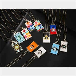 Artistic gold plated rectangle evil eye moon enamel pendant necklaces on black leather