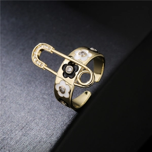 Creative safety pin open ring with black and white enamel flowers and clear zircon stones