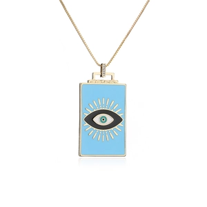 Gold box chain necklace with light blue rectangular evil eye enamel pendant