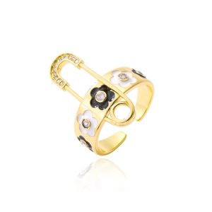 Adjustable gold open ring with daisy enamel charms and safety pin design for women