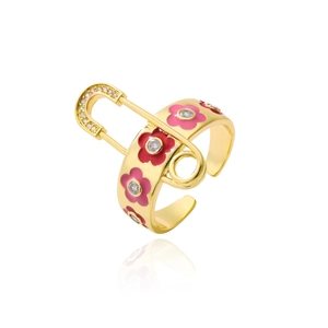 Detailed close-up of golden paperclip ring featuring red and pink enamel flower with zircons
