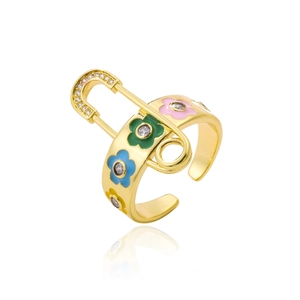 Detail of gold safety pin ring with colorful enamel flowers and sparkling zircon stones