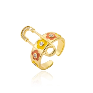 Detail of paperclip ring with colorful enamel flowers and sparkling zircon stones