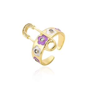 Detail view of gold adjustable ring featuring purple enamel flowers and zircon crystals