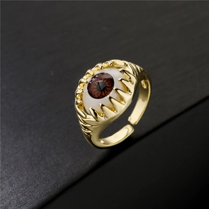 18K gold plated copper evil eye open ring with claw design and brown iris detail