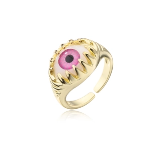 Detailed view of the 18K gold claw setting and realistic pinkish-purple evil eye inlay