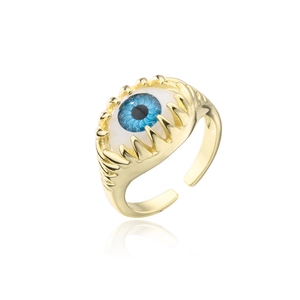 Adjustable 18K gold plated ring featuring a realistic blue evil eye and punk claw design