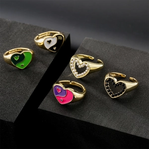 Personalisierter Yin Yang Emaille Herz Offener Ring Für Damen Kupfer Vergoldet Verstellbar Emaille Tropf Mode Schmuck