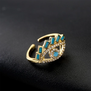 Bague ouverte œil protecteur plaquée or 18K avec pierre bleue et zircones