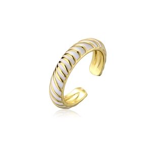 Anello regolabile in rame placcato oro con strisce di smalto bianco su sfondo bianco