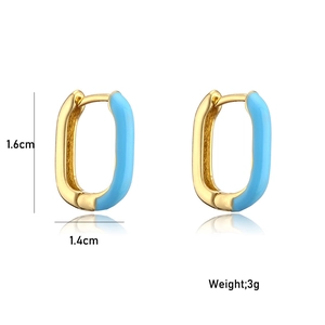 Detail showing 1.6cm light blue enamel oval gold earrings with precise dimensions