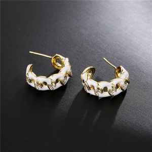 Chic gold-plated C-shaped chain earrings with white enamel inlay and zircon accents
