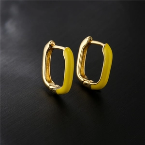 Modern 18K gold-plated square earrings with vibrant yellow enamel finish for women
