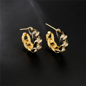Chic gold-plated Cuban link hoop earrings with black enamel and micro-pave cubic zirconia