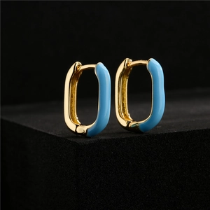 Fashionable square gold earrings with light blue enamel drip oil finish for women