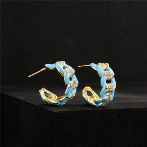 Fashionable gold plated C-shaped hoop earrings with blue enamel and zircon inlay