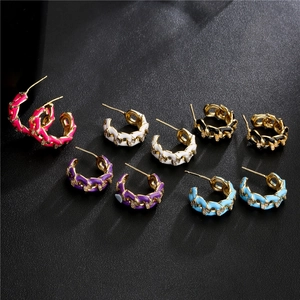 Fashion Enamel Cuban Chain C-Shaped Earrings Copper Gold Plated Zircon Inlaid Jewelry For Women Party Accessory