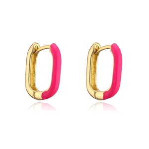 Fashionable 18K gold plated rectangular hoop earrings with vibrant pink enamel inlay