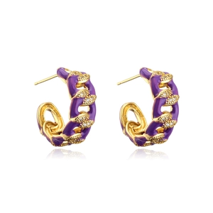 Macro view of purple enamel chain link earrings with micro-set white zircon stones