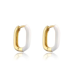 Detailed view of oval hoop earrings with gold plating and white enamel oil drip effect