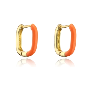 Detail of 18K gold plated U-shaped earrings featuring vibrant orange enamel inlay work