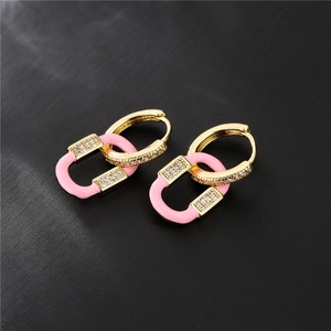 Pink enamel and zircon double-loop earrings in 18K gold plated copper