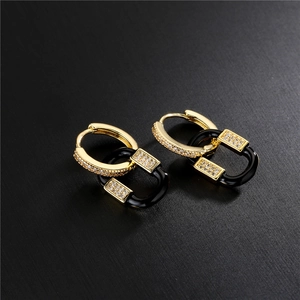 Minimalist 18K gold plated hoop earrings with black enamel and sparkling zircon stones