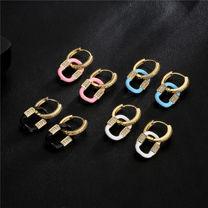 Vintage 18K Gold Plated Copper Geometric U-Shaped Dangle Earrings With Micro Inlaid Zircon Enamel For Women Jewelry