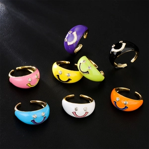 Bague Ouverte Visage Souriant en Cuivre Plaqué Or Avec Zirconia Bague Ajustable Colorée pour Bijoux Femme