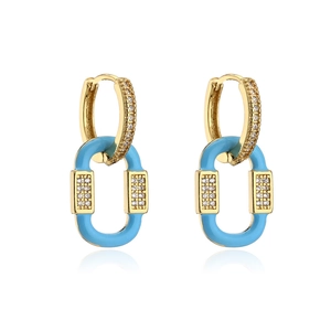 Detail of 18K gold-plated hoop earrings with blue enamel charms and clear zircon stones