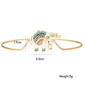 Adjustable gold elephant bracelet with white enamel and colorful cubic zirconia stones
