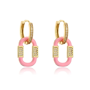 Elegant 18K gold plated hoop earrings with pink enamel links and zircon inlay accents