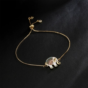 Golden elephant pendant bracelet with multicolor zircons and adjustable pull chain