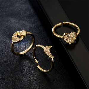 Fashion Copper Zirconia Heart Moon Open Adjustable Ring For Women Minimalist Jewelry Gold Electroplated Inlaid Finger Ring