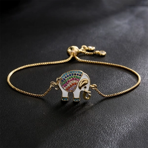 Fashion Elephant Bracelet Gold Plated Copper Colorful Zirconia White Enamel Adjustable Slider Box Chain Bracelet For Women