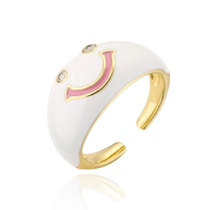 Bague ajustable en cuivre plaqué or avec visage souriant en émail blanc et zircons