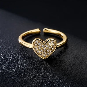 Elegant gold-plated open ring with heart-shaped micro-paved zircon stones for women