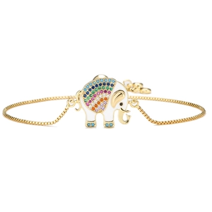 Adjustable golden box chain bracelet featuring a white enamel elephant with rainbow crystals