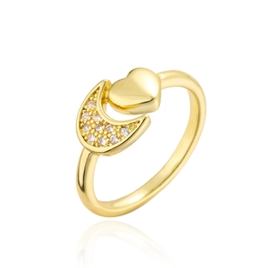 Minimalist gold heart and moon open ring with sparkling cubic zirconia inlay and mirror reflection