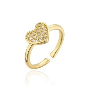 Detail of gold-tone open ring featuring a sparkling heart centerpiece with zircon inlay