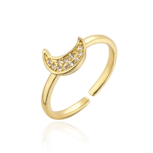 Detailed view of a gold-plated crescent moon ring with micro-pave white zircon stones