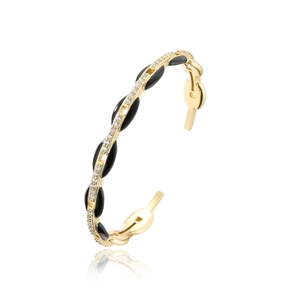 Bracelet jonc doré avec inserts ovales noirs et pavé étincelant de zircons cubiques