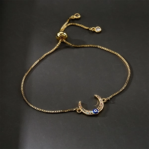Bracelet en Cuivre Doré Réglable pour Femmes Micro-Incrusté Zirconia Coloré Croissant de Lune Mauvais Œil Cœur Pendentif Chaîne Box