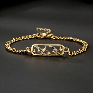 Gold chain bracelet with geometric rectangular charm and colorful zircon star lightning