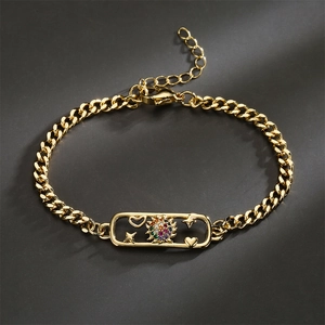Gold Cuban chain bracelet with a rectangle sun and star pendant with colorful crystals
