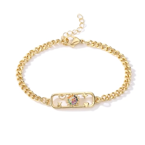Gold plated copper Cuban chain bracelet with colorful zircon sun pattern tag