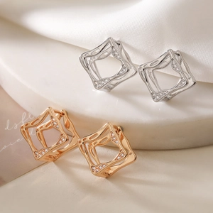 Minimalist Hollow Geometric Rhombus Earrings Wave Texture Gold Plated Copper Zircon Inlaid Earrings For Women Luxury Jewelry