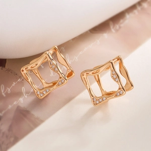 Luxurious 18K gold plated hollow geometric rhombus earrings with sparkling zircon accents
